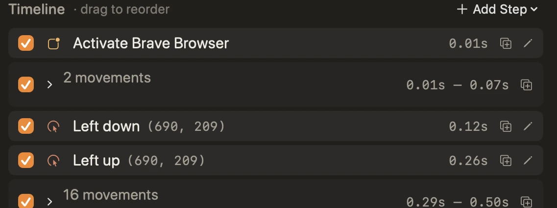 A Tattletail timeline whose first step activates Brave Browser, bringing the recorded app to the front before the first click fires.