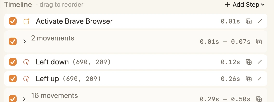 A Tattletail timeline whose first step activates Brave Browser, bringing the recorded app to the front before the first click fires.