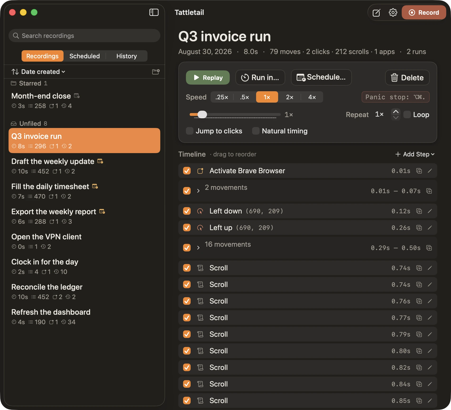 The Tattletail Mac app: a library of saved recordings on the left, and the “Q3 invoice run” recording on the right with its replay speed controls and a timeline of every click, movement and scroll.