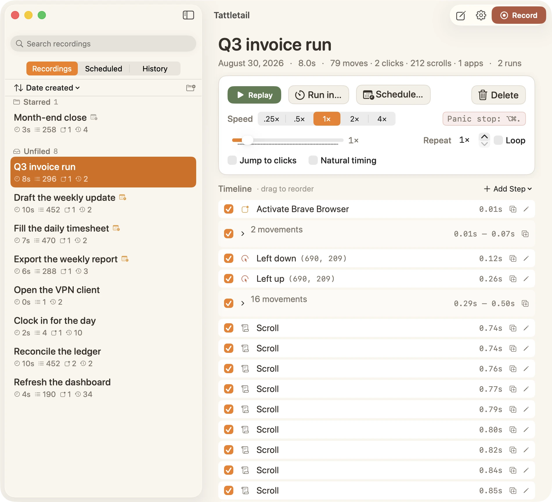 The Tattletail Mac app: a library of saved recordings on the left, and the “Q3 invoice run” recording on the right with its replay speed controls and a timeline of every click, movement and scroll.