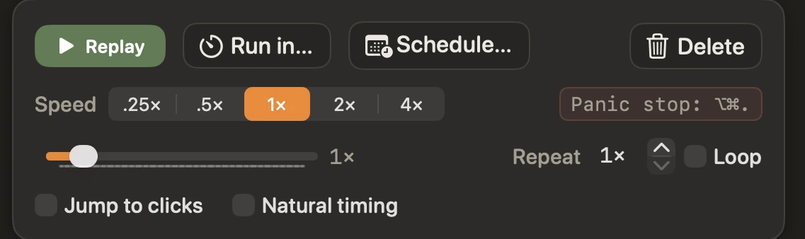 Tattletail’s replay controls: a Replay button, playback speed from ¼× to 4×, a repeat count and loop toggle, and a panic-stop shortcut.