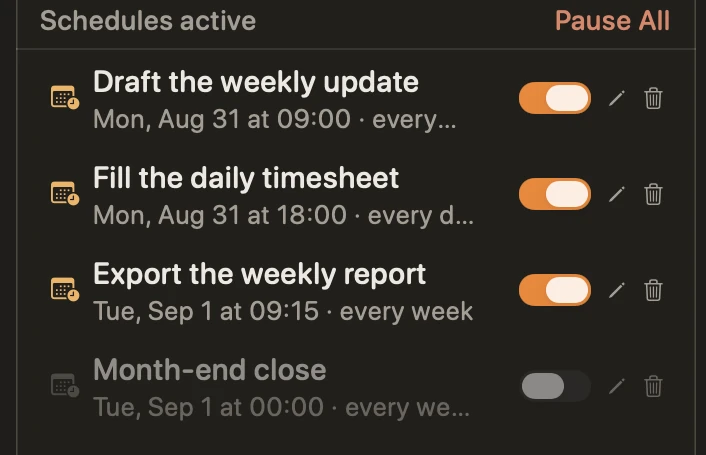 Tattletail’s Scheduled tab listing scheduled replays with their next run time and daily or weekly repeats, one of them paused.